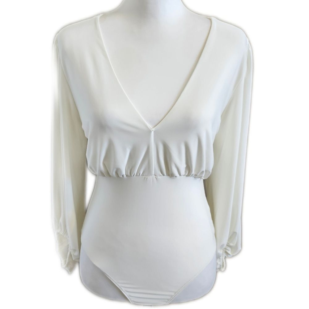 5/$55 21 Saints cream polyester deep v-neck  bodysuit, balloon sleeves, L